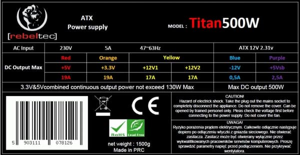 ATX STRÖMFÖRSÖRJNING REBELTEC TITAN 500W 120mm