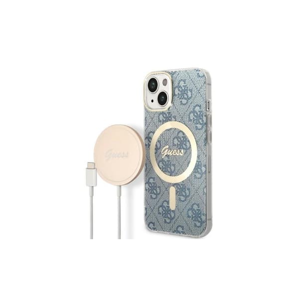 Originalt GUESS GUBPP14LH4EACSB sæt til iPhone 14 Pro (Bundle Pack / Kompatibel med Magsafe: Cover + Oplader / 4G / Guld - Blå)