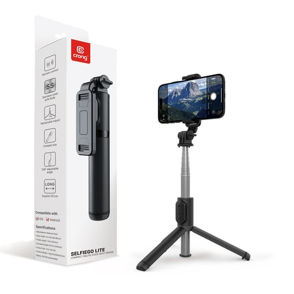 Crong SelfieGo Lite – Kompakti selfiekeppi Bluetooth-jalusta (musta)