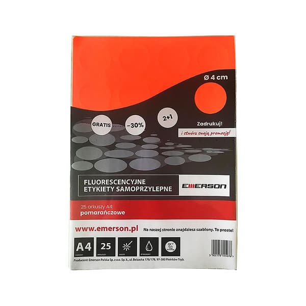 EMERSON LABELS EMERSON A4 FLUORESCERANDE ORANGE CIRKEL 25 ARK