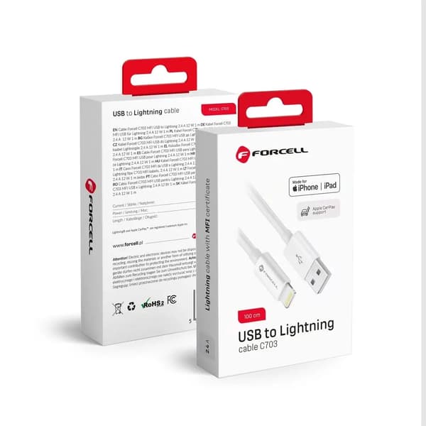 FORCELL kabel USB A til Lightning 8-pin MFi 2,4A/5V 12W C703 1m hvid