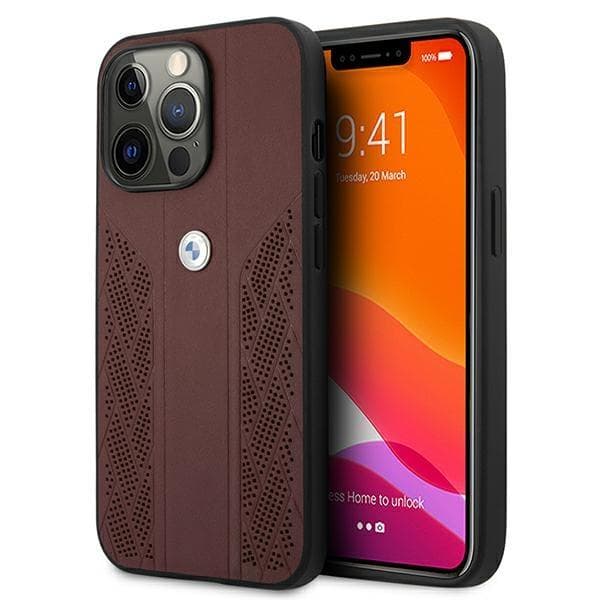 BMW Læder Kurve Perforeret Cover til iPhone 13 Pro / iPhone 13 – Rød