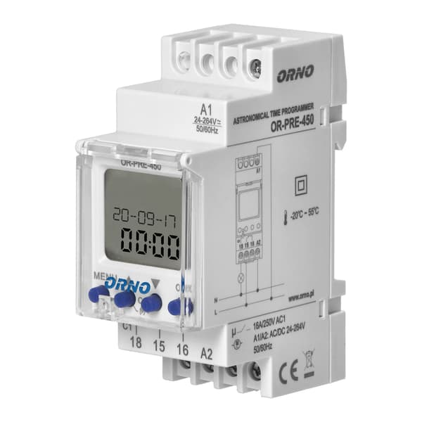 Elektronisk astronomisk och timerprogrammerare, 52 program, 3 menyspråk, 1 reläutgång MAX.16A/230V, bredd 2 moduler, DIN TH-35mm