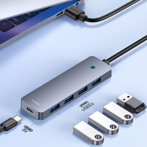 Baseus 4i1 UltraJoy Lite 15cm USB-A til 4x USB 3.0 + USB-C 5V (grå)