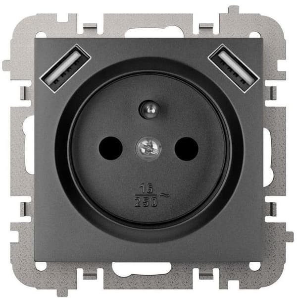SANTRA 2P+Z stikkontakt 2xUSB Strømforsyning uden ramme planforsænket sort 4188-19