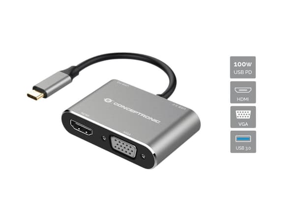 CONCEPTRONIC Dockningsstation USB-C -> HDMI, VGA, USB3.0,100WPD 0.15 m gr