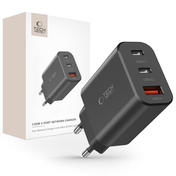TECH-PROTECT NC30W 3-PORTS NETVÆRKSLADER PD30W/QC3.0 SORT