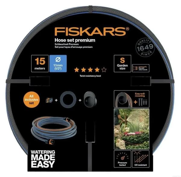 FISKARS SLANGSET 1/2\" 15m - Q4 + VÄGGFÄSTE
