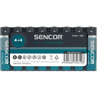 Alkalinebatteri, AA, 1.5V, Sencor, Folie, 8-pak