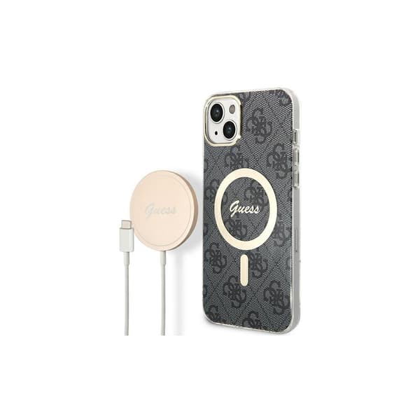 Originalt GUESS GUBPP14LH4EACSK sæt til iPhone 14 Pro (Bundle Pack Magsafe: Cover + Oplader / 4G / Guld - Sort)