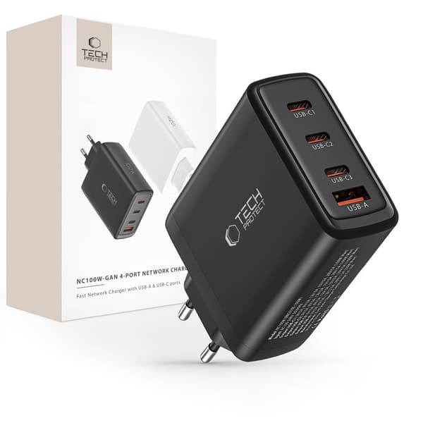 Tech-protect nc100w-gan netværksoplader 4 porte PD100w/QC3.0 sort