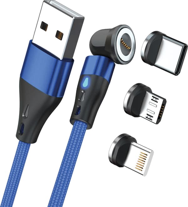 RealPower Magnetisk kabel 3 amp, 1 m, blå med adaptere