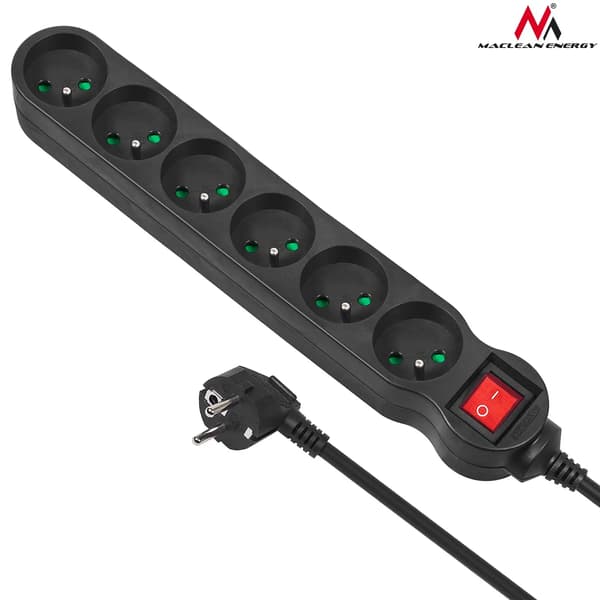Strømskinne Maclean MCE187 6 stik med afbryder sort 3m 2300W