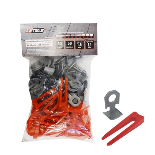 AWTOOLS NIVELLERINGSSYSTEM PLYTEK STANDARD 1,5mm - 7-15mm - KLIPS 50stk + KILE 50stk
