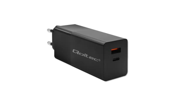 Qoltec GaN POWER PRO Batterioplader | 1xUSB-C | 1xUSB | 100W | 5-20V | 1.5-5A | PD | Sort