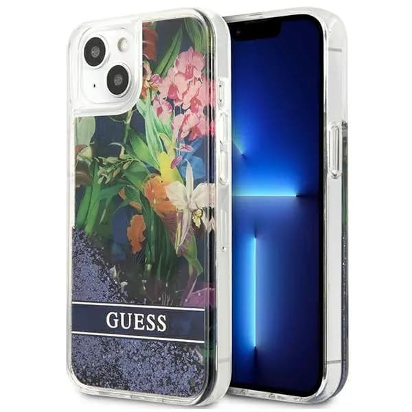 Guess GUHCP13SLFLSB iPhone 13 mini 5.4\" blå/blå Hardcase Flower Liquid Glitter