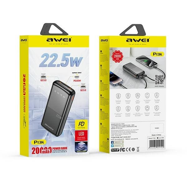 AWEI P13K powerbank 20000mAh 22.5W Digital Display sort