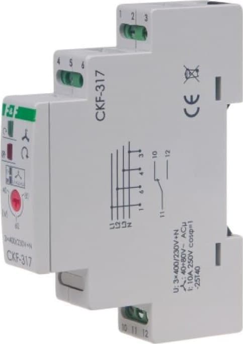 F&F Mikroprocessor fasesekvens- og forfaldssensor med justerbar asymmetritærskel til DIN-skinnemontering True RMS CKF-317-TRMS