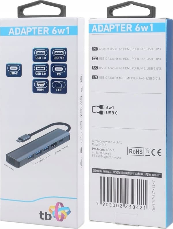 Adapter USB C HUB 6i1 - HDMI, USBx3, PD, RJ-45