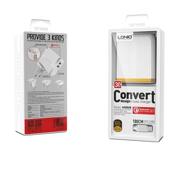 LDNIO A2502Q -adapterisarja 220v 2x USB 1x QC 3.0 1x 2,4A + USB C -kaapeli