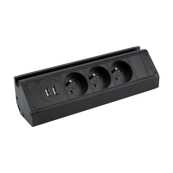 Tredobbelt møbelstik med telefonholder, USB-oplader og 1,5 m kabel, 3x2P+J, 2xUSB (Type A, 2.4A), sort