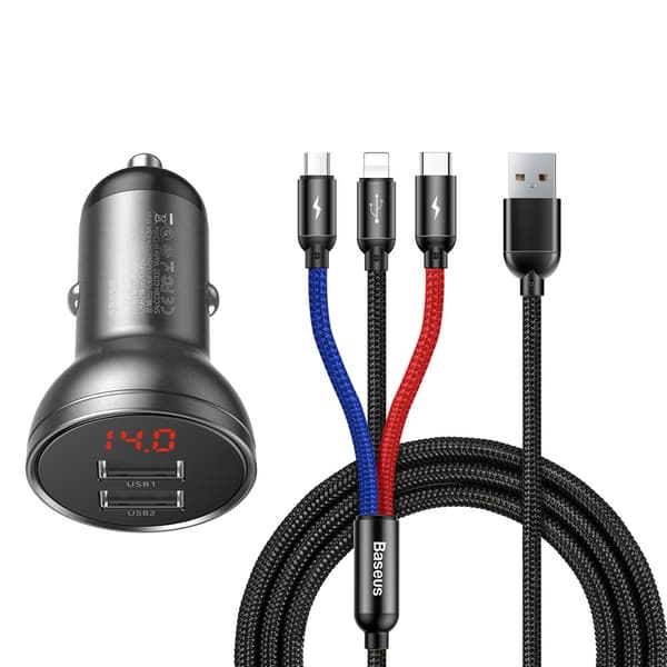 Baseus Biloplader Digital Display 2xUSB med 3-i-1 Kabel 1.2m, 24W 4.8A, Sort/Grå (TZCCBX-0G)
