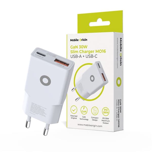 Mobile Origin GaN 30W Slim Oplader TÜV MO16 - USB-A + USB-C