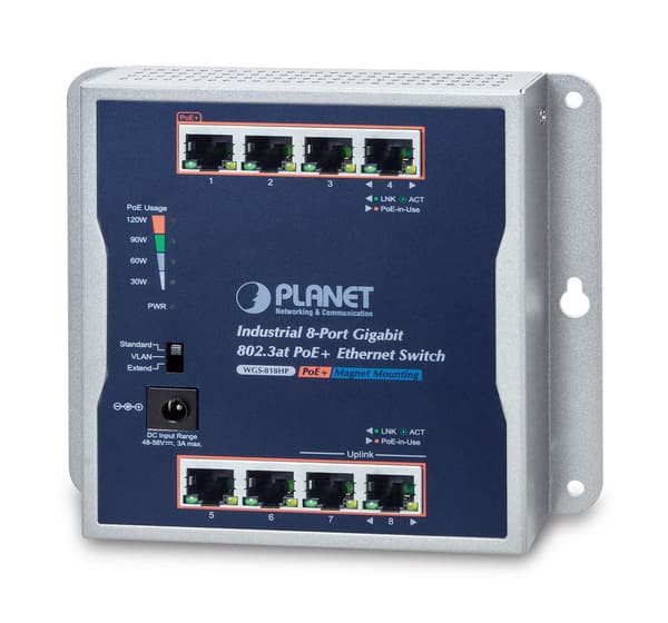 Väggmonterad switch 8 Giga PoE+ vid IP30 -20/+60°