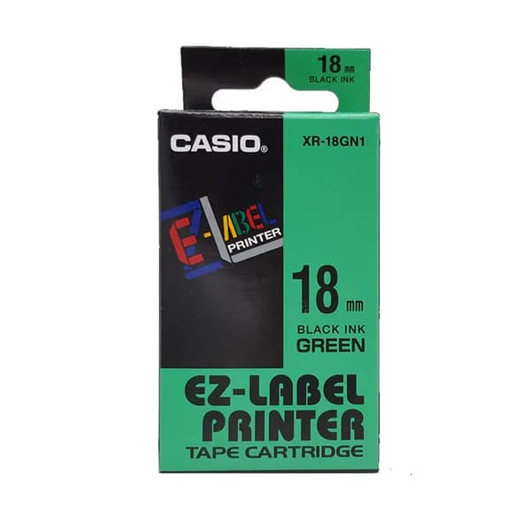 Casio original etiketprintertape, Casio, XR-18GN1, sort/grøn undergruppe, ikke-lamineret, 8m, 18mm