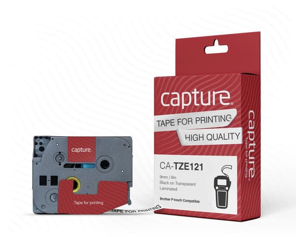 Capture 9 mm x 8 m sort på transparent tape