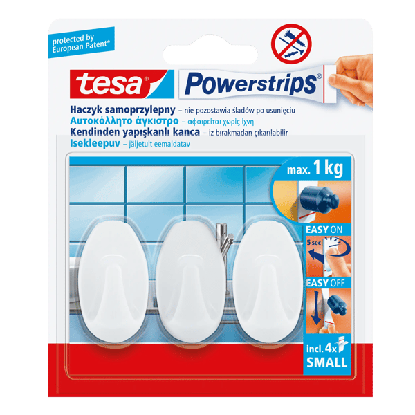 Itsekiinnittyvät koukut.powerstrips 3 kpl soikea uros, valkoinen
