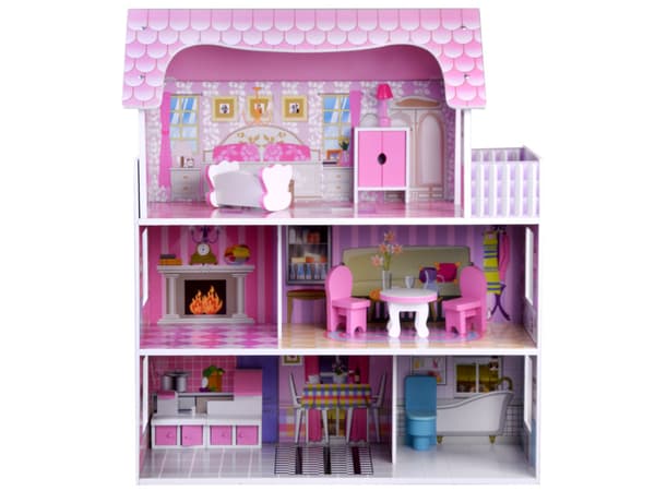 PINK Trædukkehus + møbler + LED-belysning ZA4130