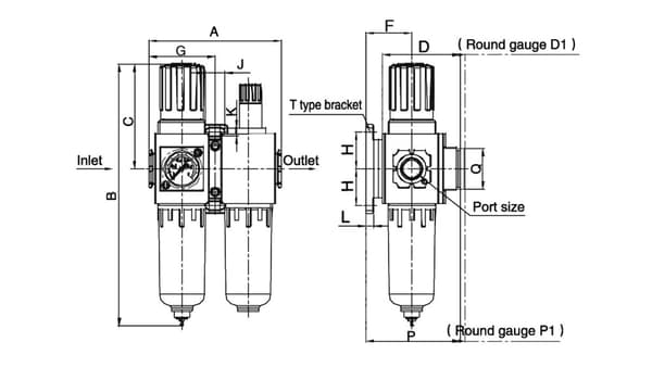 Luftbehandlingsblok G 1/8 GW til 10 bar, justering 1,5-9 bar, 5 um