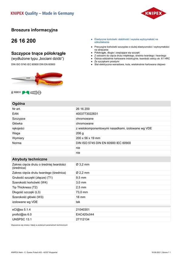 KNIPEX Spetstång med sidoskärare förkromad 200 mm
