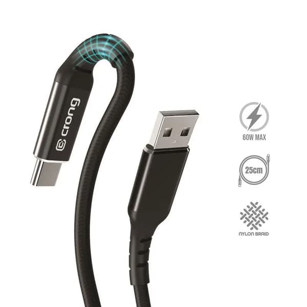 Crong Armor Link - 60W 3A USB-A–USB-C-pikalatauskaapeli 25 cm (musta)