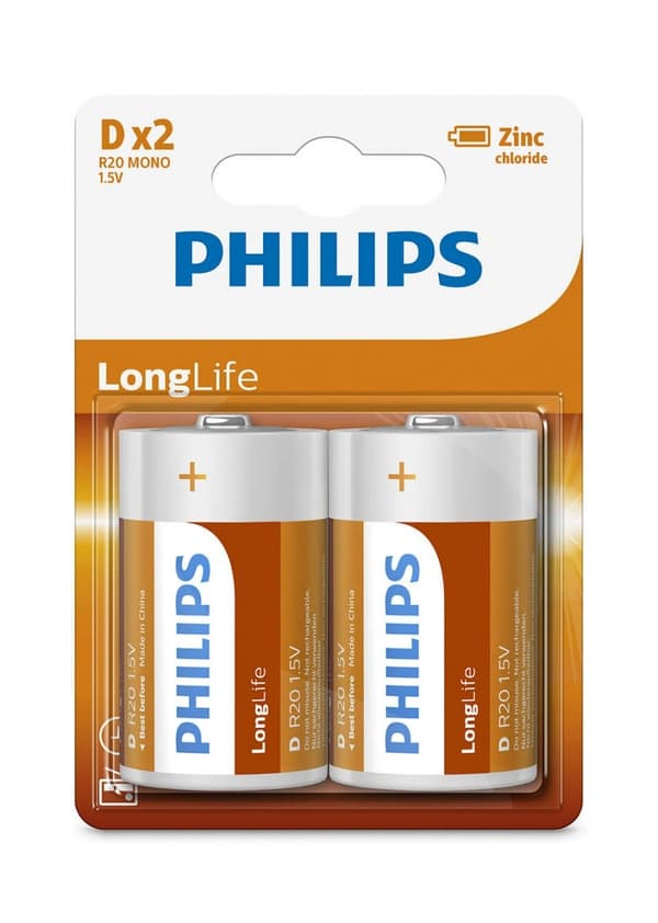 PHILIPS BATTERIER LONGLIFE R20 BLI*2 (R20-P2/01B)