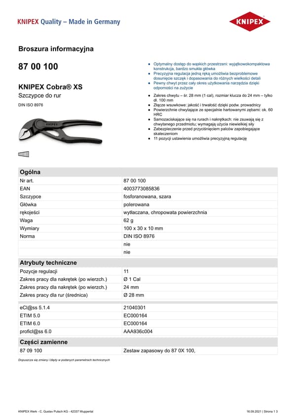 KNIPEX Hightech-vesipumppupihdit Cobra XS
