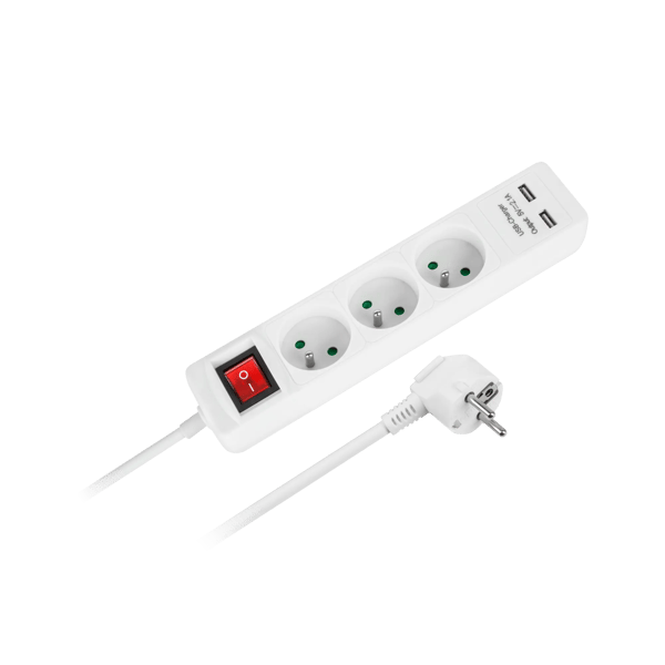 Rebel netværksforlænger 3 stikkontakter + 2 USB-stik med afbryder - 5m