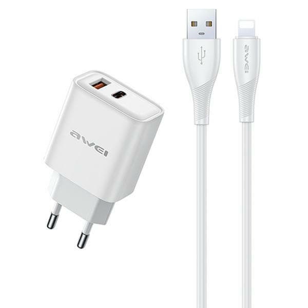 AWEI PD81L-EU vægoplader GaN 22.5W + USB-A / Lightning kabel hvid