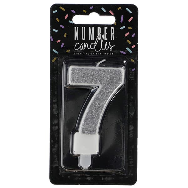 Födelsedagstårta, nummer 7, silverglitter, 7 cm. Universal