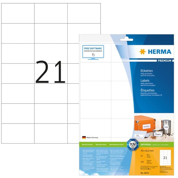 Herma Premium A4 -etiketit, valkoinen, mattapaperi, 210 kpl (8634)