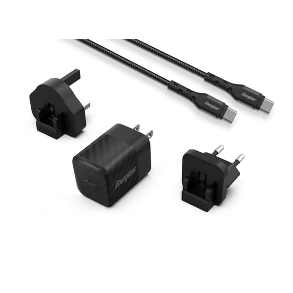 Energizer Ultimate - Multiplugoplader EU/UK/US GaN USB-C 20W PD + USB-C kabel (Sort)