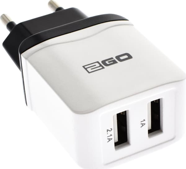 2GO USB Batterioplader Universal Dobbelt USB 100V-240V - Hvid