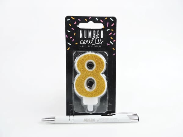 Fødselsdagskage, Nummer 8, Glitter Guld, 7 cm. universal