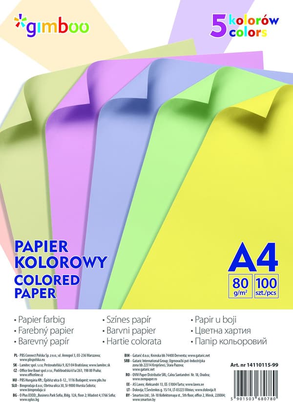 Gimboo Kopipapir A4 80g Blandede Farver 100 Ark