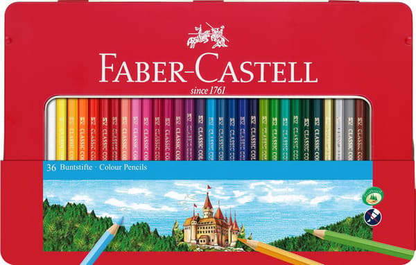 FABER-CASTELL sekskantet farveblyant, metalkasse, 36