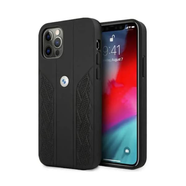 BMW Læder Kurve Perforeret Cover til iPhone 12 / iPhone 12 Pro – Sort