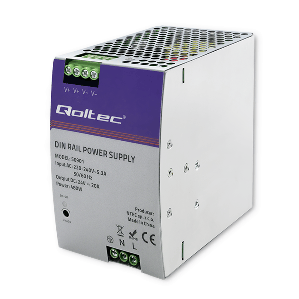 Qoltec industriel DIN-skinne strømforsyning | 480W | 24V | 20A