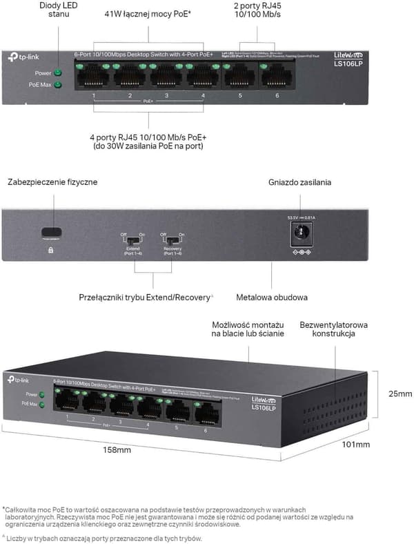 LiteWave TP-Link LS106LP Switch (6x100MB/s, 4xPoE, 41 W, fläktlös)