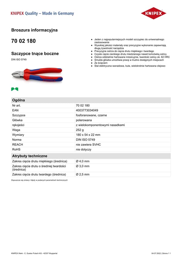 Hohtimet Knipex 7002180